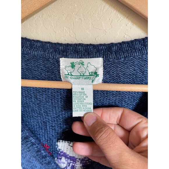 The Quacker Factory Snowman Jingle Bell Cardigan Sweater Blue Size 1X Ramie Cott - Picture 10 of 12